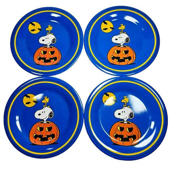 Set of 4 Vintage Gibson Peanuts Snoopy Halloween Dessert Side Plates 7.75" Blue - Picture 1 of 5
